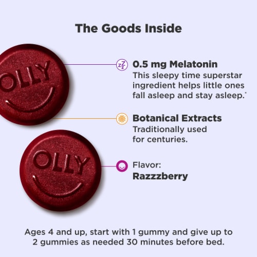 OLLY Kids Sleep Raspberry Flavor Gummy Supplement Melatonin .5mg Perspective: right