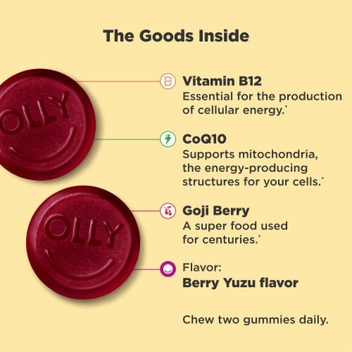 OLLY Extra Strength Daily Energy Berry Flavor Gummy Supplement Vitamin B12 1000mcg Perspective: right