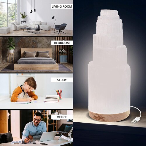Selenite Crystal Lamp, Includes Wooden Base, USB Cable & LED Light - 8 inch Perspective: right
