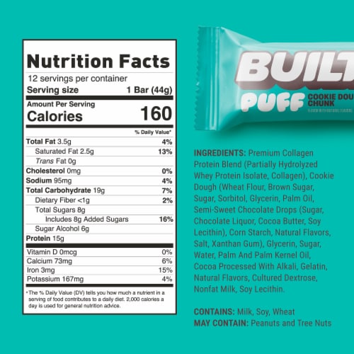 BUILT Puffs Protein Bar, Cookie Dough Chunk, 15g Protein, Collagen, 160 Calories, Single 1.55 oz Bar Perspective: right