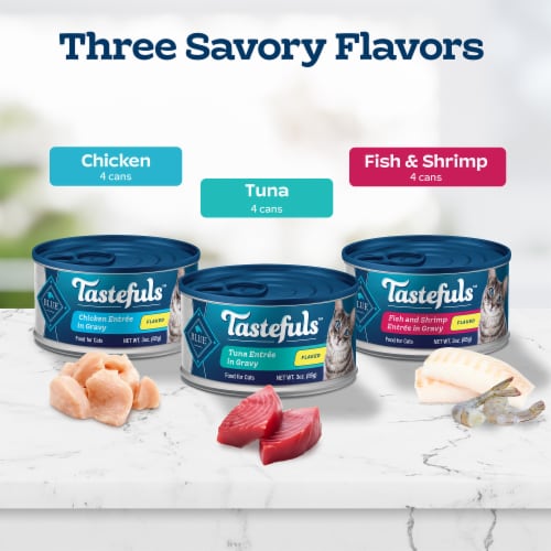 Blue Buffalo Tastefuls Natural Tuna Chicken Fish & Shrimp Flaked Wet Cat Food Variety Pack Perspective: right