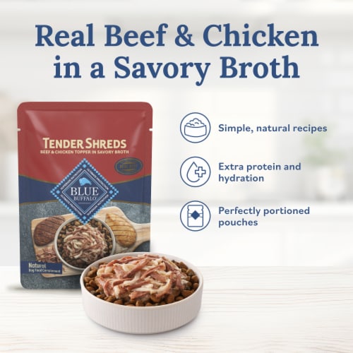 Blue Buffalo Tender Shreds Beef Toppers in Savory Broth, Dog Food Complement, Beef, 2.5-oz Pouch Perspective: right