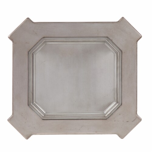 Antique Wooden End Table with Polyresin Engravings and Glass Top, Silver and Clear- Saltoro Perspective: right
