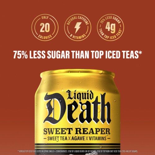 Liquid Death, Sweet Reaper Iced Tea, Southern Style Sweet Tea Perspective: right
