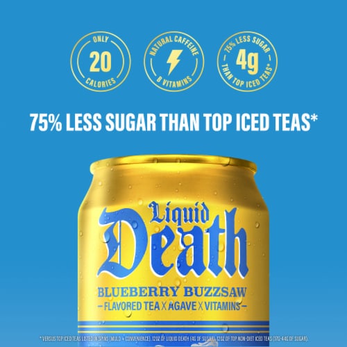 Liquid Death, Blueberry Buzzsaw Iced Tea, Blueberry Flavored Black Tea Perspective: right