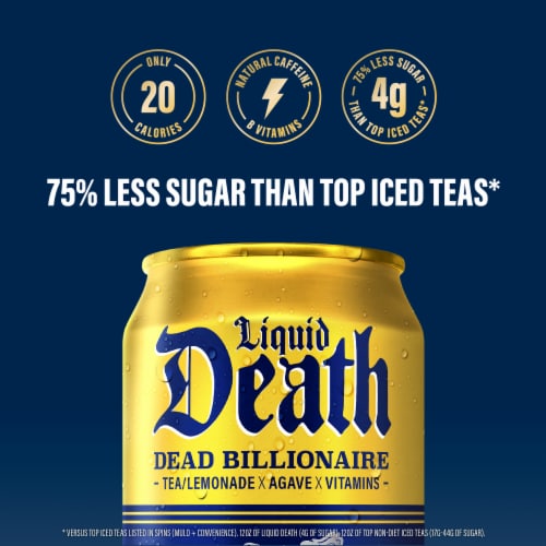 Liquid Death, Dead Billionaire Iced Tea, Half Lemonade Half Black Tea Perspective: right