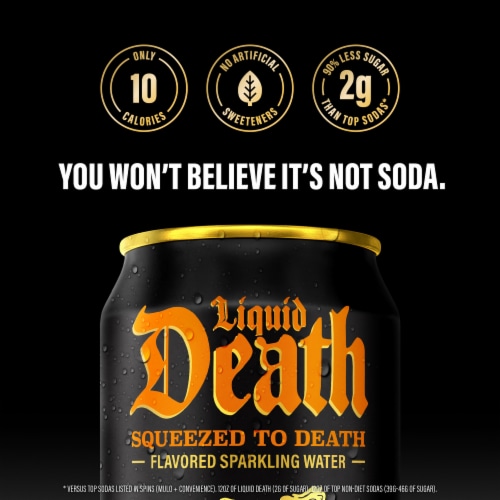 Liquid Death, Squeezed to Death, Orange-Flavored Sparkling Water Perspective: right