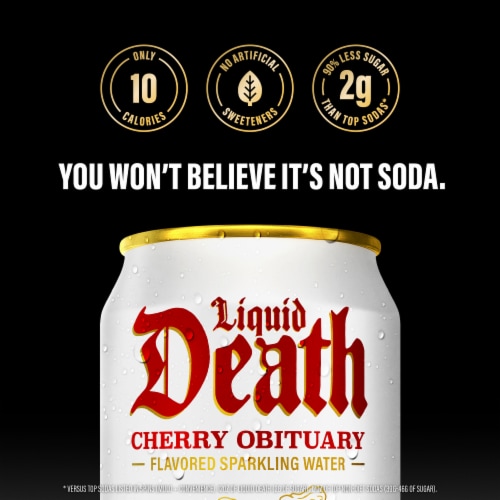 Liquid Death, Cherry Obituary, Cherry-Flavored Sparkling Water Perspective: right