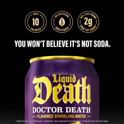 Liquid Death Doctor Death Soda Flavored Sparkling Water Cans Perspective: right