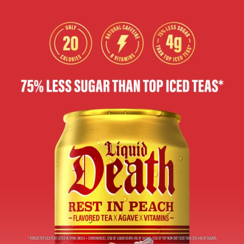 Liquid Death, Rest in Peach Iced Tea, Peach Flavored Back Tea Perspective: right