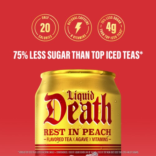 Liquid Death, Rest in Peach Iced Tea, Peach Flavored Back Tea Perspective: right