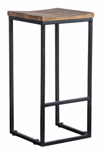 Iron Base Counter Height Stool with Wooden Saddle Seat, Brown and Black- Saltoro Sherpi Perspective: right