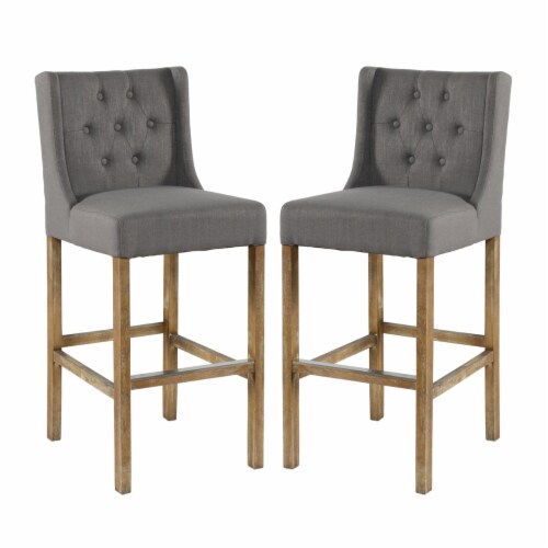 Wooden Barstool with Padded Seat, Button Tufted, Wing Back, Set of 2, Gray and Brown- Saltoro Perspective: right