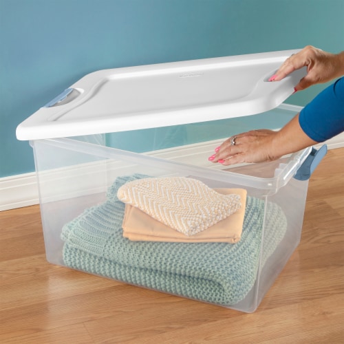 Sterilite 64 Qt Clear Plastic Stackable Storage Bin w/ White Latch Lid, 12 Pack Perspective: right