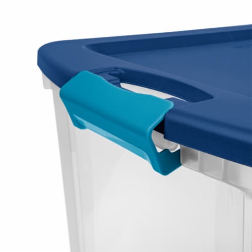 Sterilite 18 Gal Latch and Carry, Stackable Storage Bin with Latching Lid,  Plastic Tote Container to Organize Closets, Blue with Blue Lid, 18-Pack