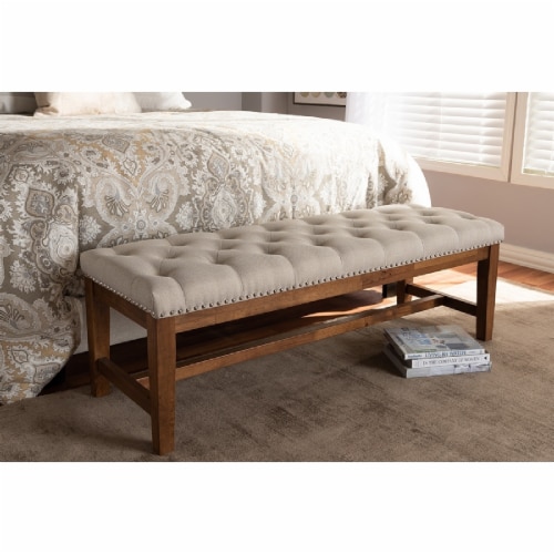 Baxton Studio Ainsley Tufted Bench in Light Beige and Walnut Brown Perspective: right