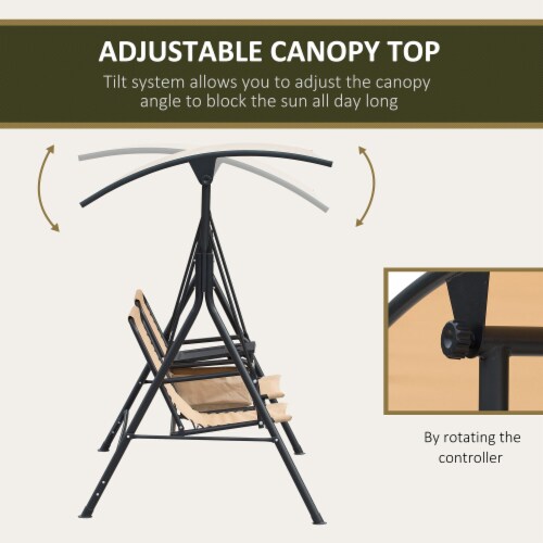 2 Person Outdoor Swing Chair for Porch, Patio, Storage, Tray, Cup Holders, Beige Perspective: right