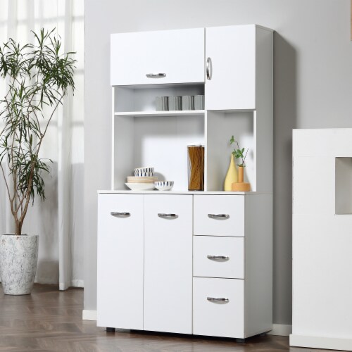 Freestanding Kitchen Storage Microwave Hutch Cupboard with 3 Cabinets, White Perspective: right