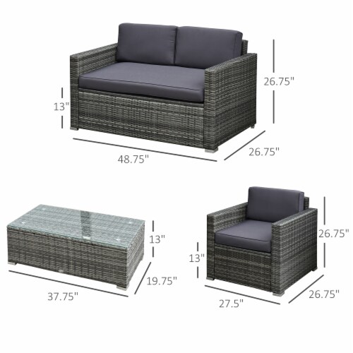 Outside Rattan Wicker Chair Loveseat Set for Patio w/ Glass Coffee Table, Grey Perspective: right
