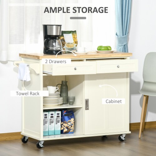43  Kitchen Island Rolling Storage Cart w/ Wheels, Cabinet, Drawers, Cream White Perspective: right