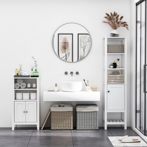 Freestanding Bathroom Linen Floor Cupboard with Multi-Tier Shelving and Tabletop Perspective: right