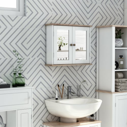 Wooden Wall Mount Storage Cupboard w/Adjustable Interior Shelving for Bathroom Perspective: right