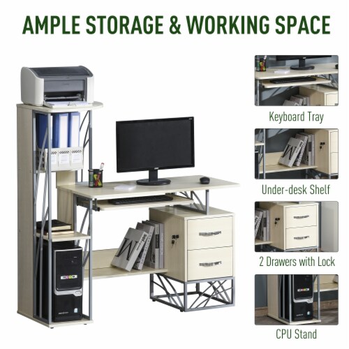 Wood Desktop Corner Working Desk with 4-Tier Shelving and Pullout Keyboard Tray Perspective: right