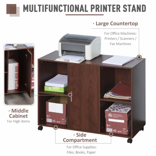 Wheeled Office/Home Printer Stand & Cabinet w/ 2 Variable Shelves Brown Perspective: right