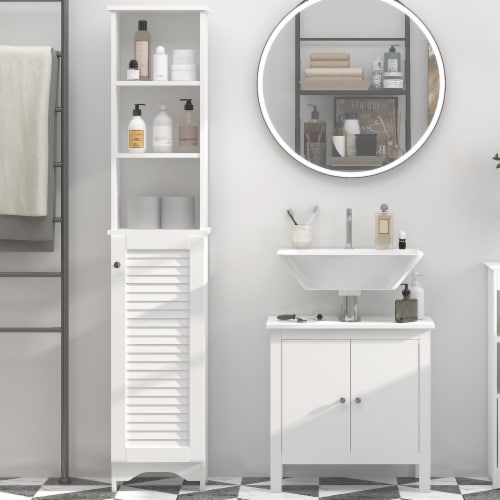 Wooden Collection Tall Bathroom Linen Tower with Adjustable Shelving & Cupboard Perspective: right