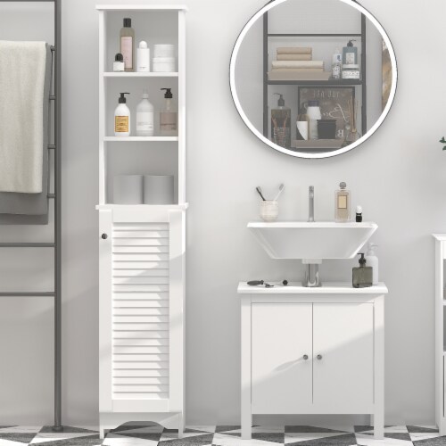 Wooden Collection Tall Bathroom Linen Tower with Adjustable Shelving & Cupboard Perspective: right
