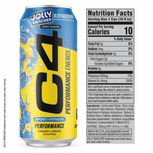 C4 Performance Jolly Rancher Blue Raspberry Energy Drink Can Perspective: right