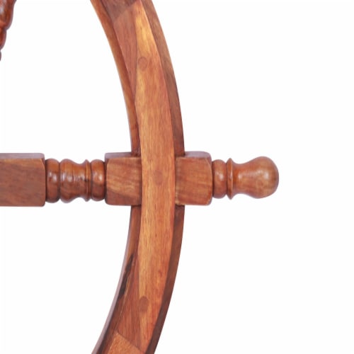 Teak Wood Ship Wheel With Brass Inset and Six Spokes - Brown and Gold Perspective: right