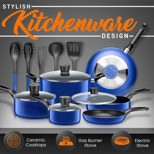SereneLife 15 Piece Pots and Pans Non Stick Chef Kitchenware Cookware Set, Blue Perspective: right