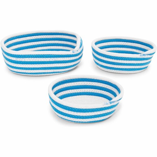 Round Woven Storage Baskets, Blue and White Stripes (3 Sizes, 3 Pack