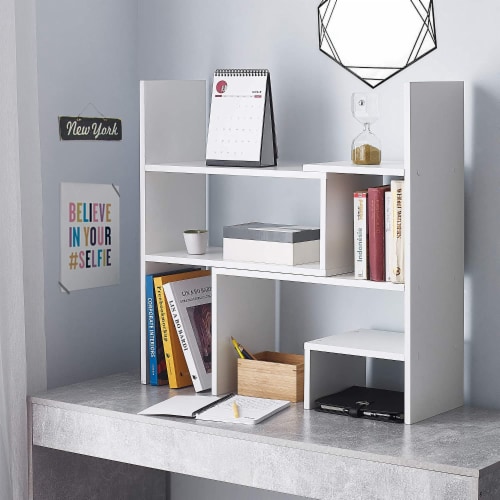 Yak About It Compact Adjustable Dorm Desk Bookshelf White 1