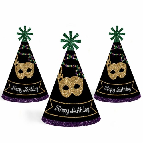 Big Dot of Happiness Mardi Gras - Cone Happy Birthday Party Hats - Set of 8 (Standard Size) Perspective: right