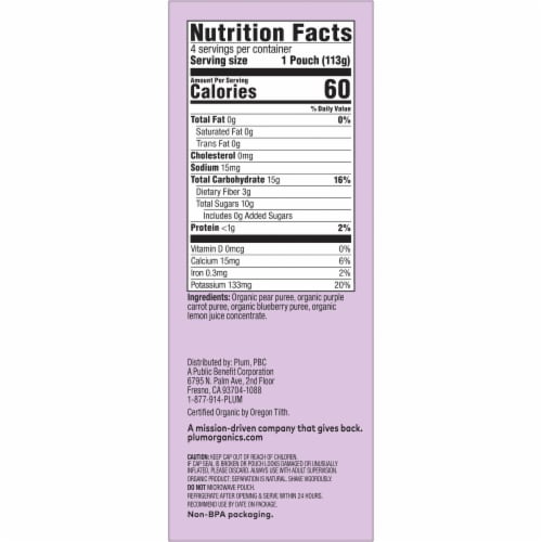 Plum Organics® Stage 2 Pear Purple Carrot & Blueberry Baby Food Pouch Perspective: right