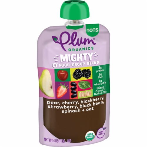 Plum Organics® Mighty 4® Pear Cherry Berry Black Bean Spinach Oat Blends Tots Stage 4 Food Pouch Perspective: right