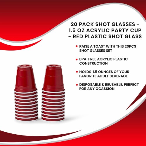 20 Pack Shot Glasses - 1.5 oz Acrylic Party Cup - Red Plastic Shot Glass Perspective: right
