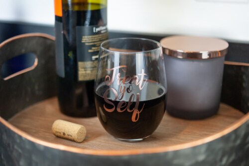 Parks and Recreation Treat Yo Self Stemless Wine Glass | Pink Perspective: right
