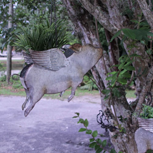 Galvanized Metal Flying Pig Hanging Planters Set of 2 Large Outdoor Décor Perspective: right