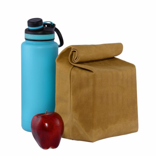 Waxed Canvas Lunch Bag with Fold Over Top, Trendy Vintage Reusable Lunch Tote Brown Color Perspective: right