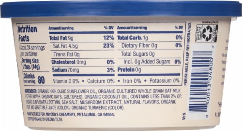 Miyoko's Creamery Organic Hint of Sea Salt Oatmilk and Vegetable Oil Spreadable Vegan Butter Tub Perspective: right