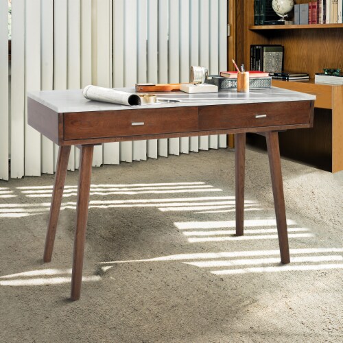 Viola 44  Rectangular Italian Carrara White Marble Writing Desk with Walnut Legs Perspective: right