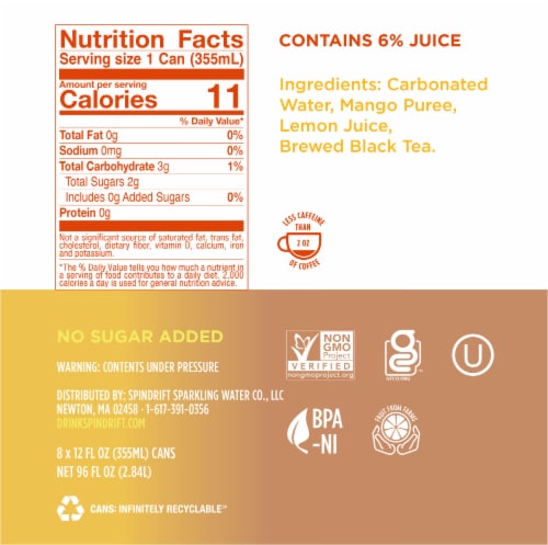 Spindrift® Unsweetened Mango Black Tea Sparkling Water Perspective: right