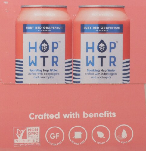 HOP WTR Ruby Red Grapefruit Sparkling Hop Water Cans Perspective: right