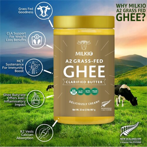 MILKIO A2 Grass Fed Ghee, Clarified Butter Paleo, Lactose & Casein