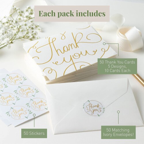Rileys & Co Thank You Wedding Cards, Gold Foil with Stickers & Envelopes, 50 Pieces Perspective: right