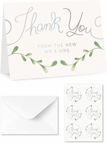 Thank You Wedding Cards with Envelopes & Stickers, 100 Bulk Pack, Silver Foil Perspective: right