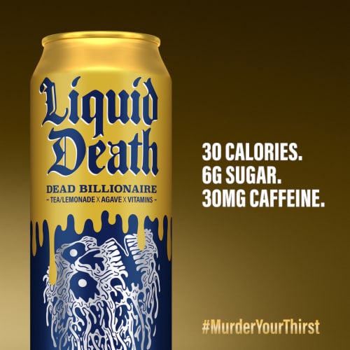 Liquid Death, Dead Billionaire Iced Tea, Half Lemonade Half Black Tea Perspective: right